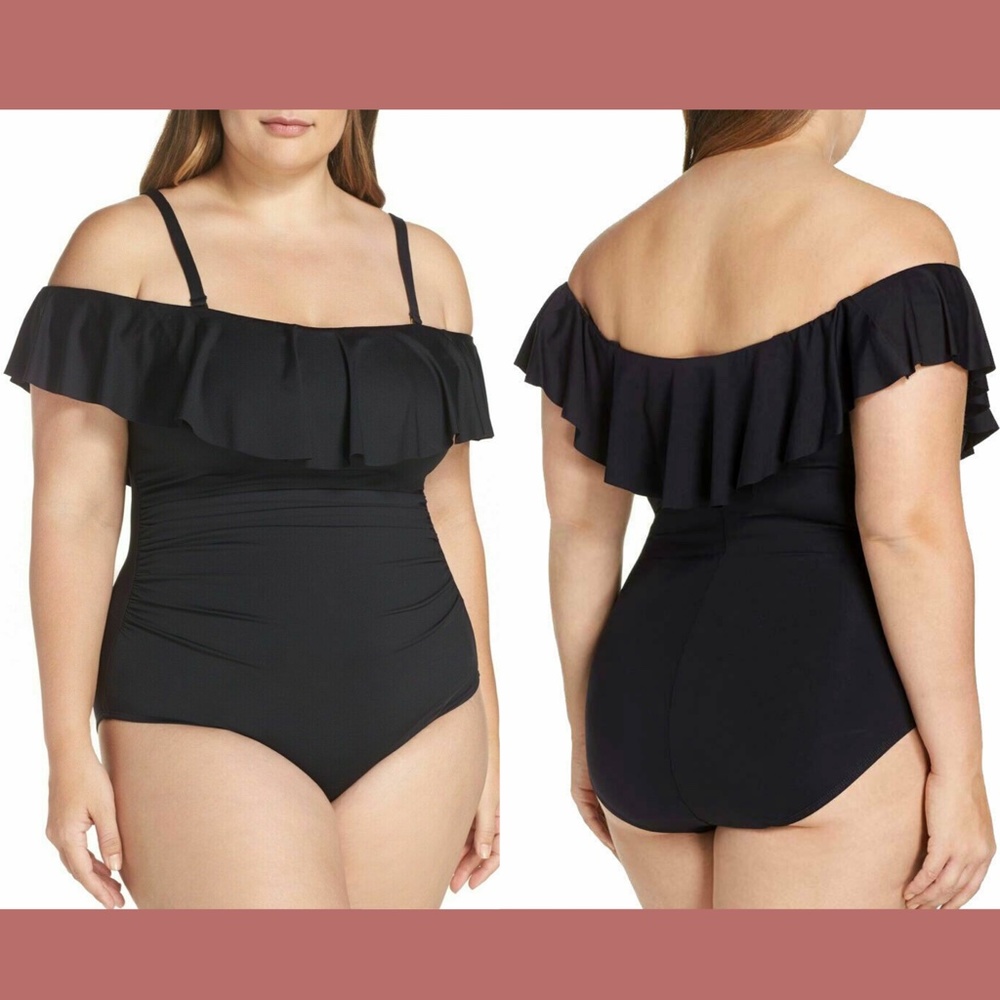 NEW $133 La Blanca Off the Shoulder One-Piece Swimsuit‎ Black [PLUS 20W ]